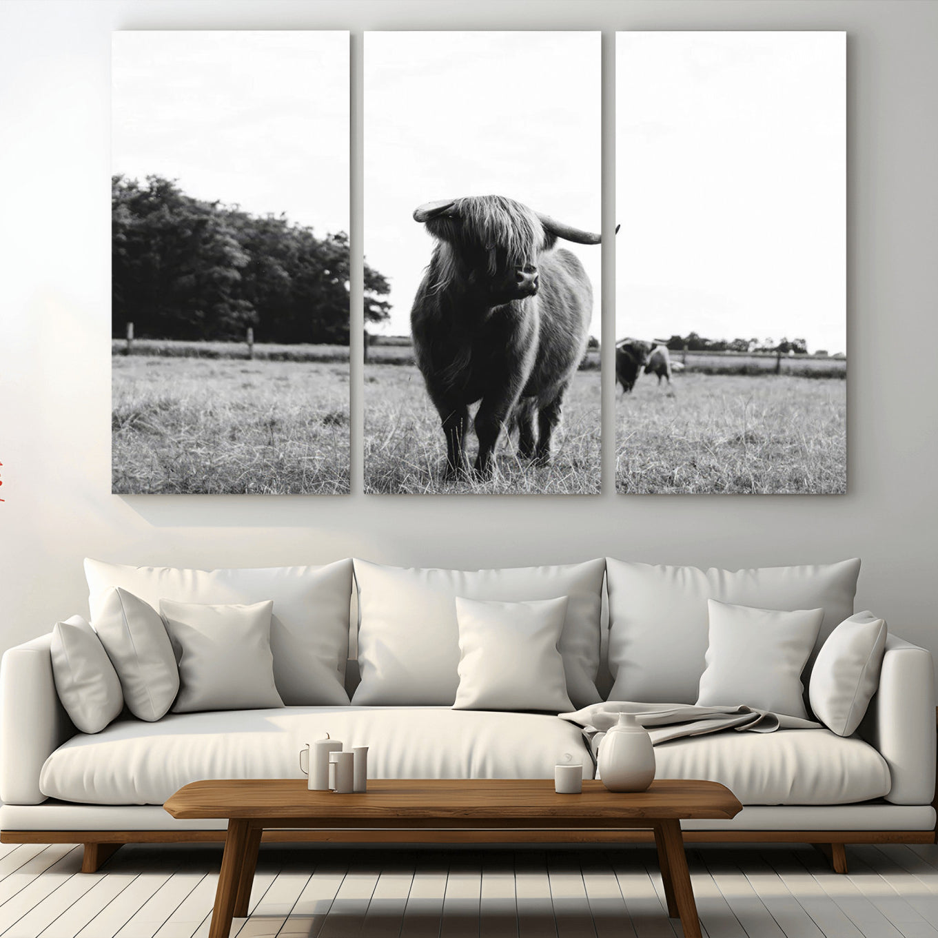 -Black and White Highland Cow Wall Art Canvas Print | Rustic Western Decor for Living Room or Office,