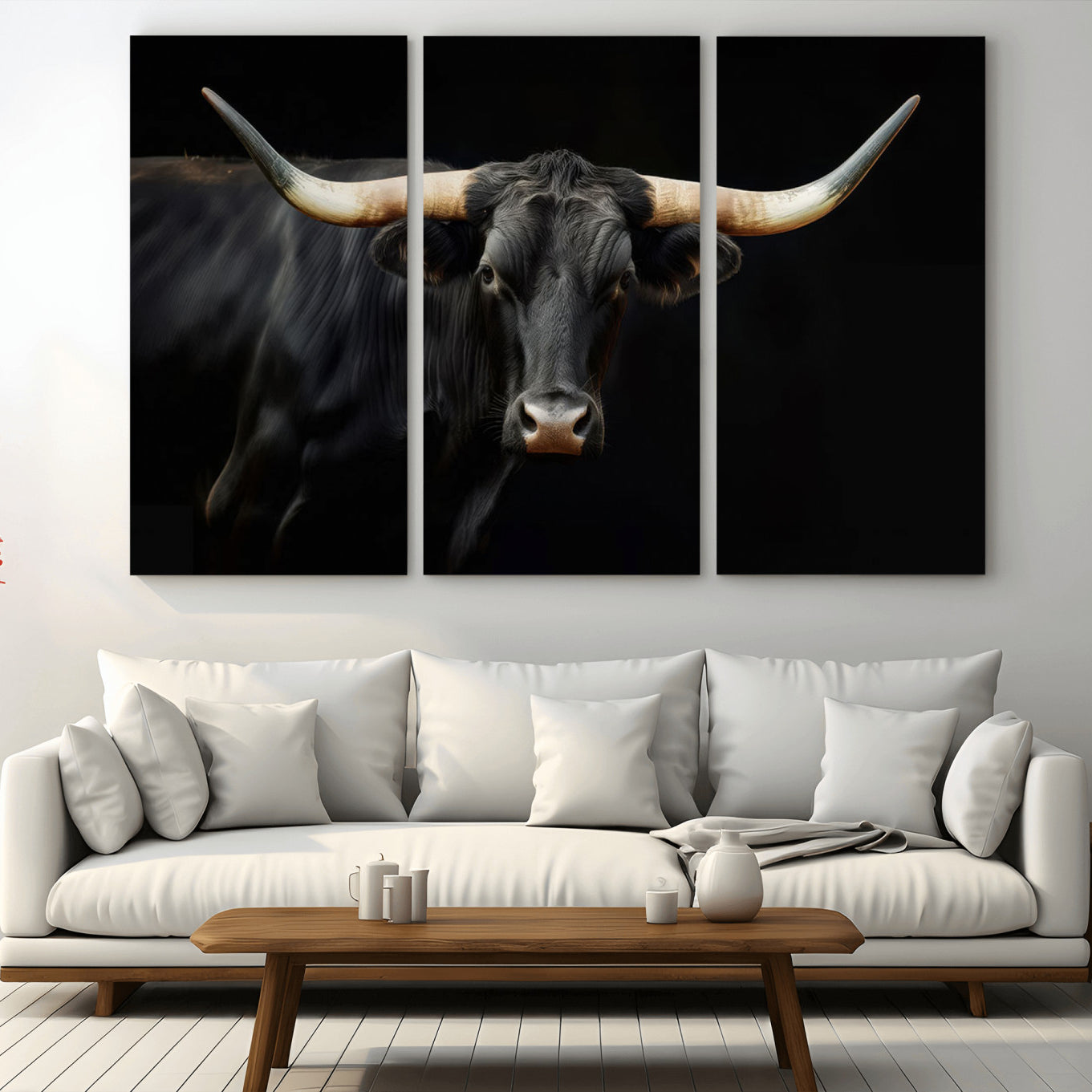 -Black Bull Wall Art – Majestic Longhorn Canvas Print with Dark Background, Rustic Western Farmhouse Decor for Living Room or Office