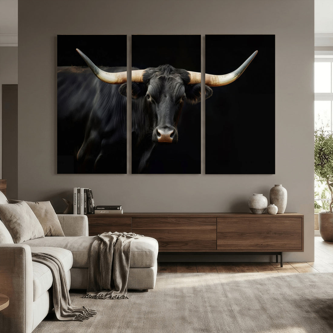Black Bull Wall Art, Majestic Longhorn Canvas Print | Extra Large 3 Piece Best Seller Wall Art