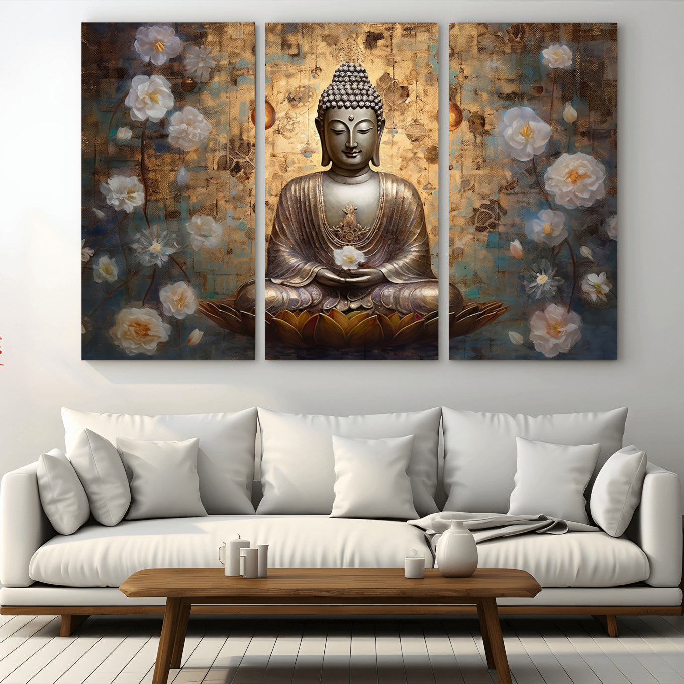-Golden Buddha Wall Art Canvas Print | Zen Meditation Floral Decor | Tranquil Spiritual Home Art |