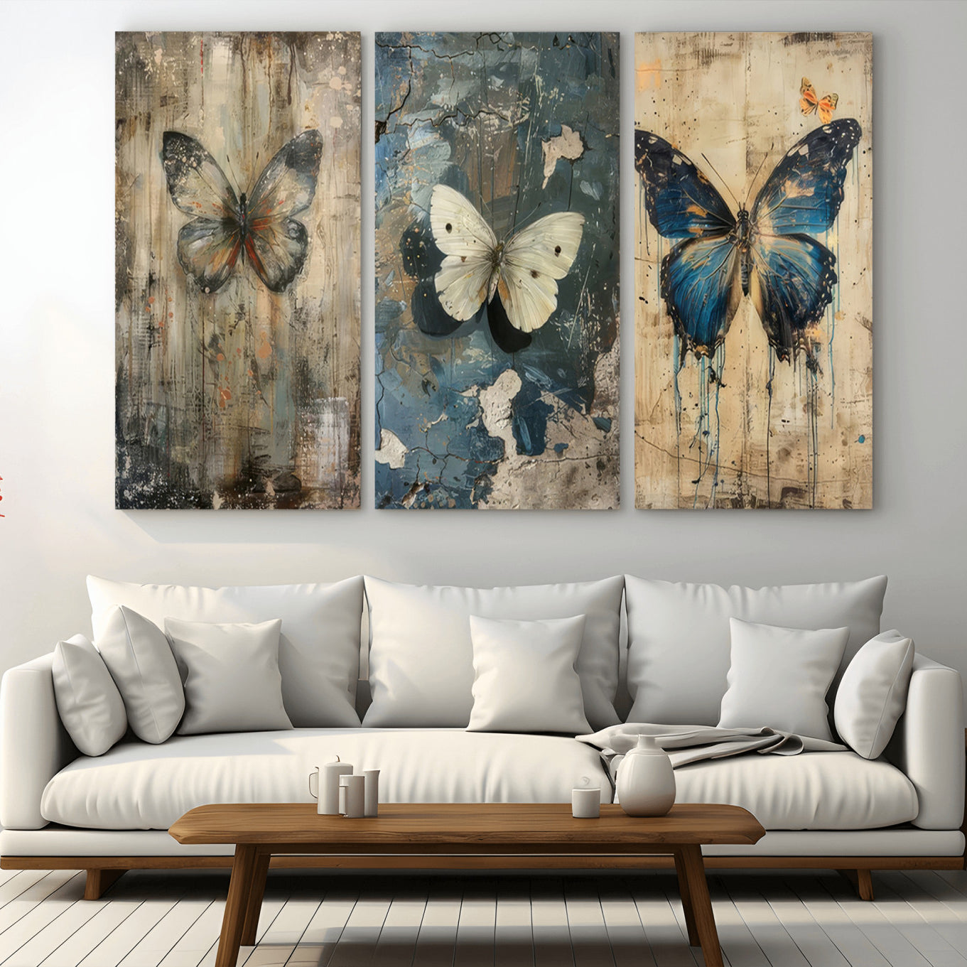 15201-MGV-CV-36X24-Butterfly Wall Art Trio | Vintage Butterfly Canvas Print | Ready to Hang Framed Artwork for