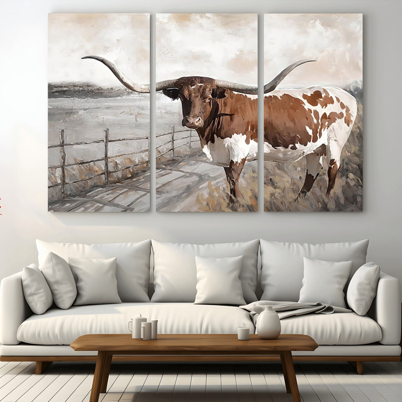 -Vintage Texas Cow Wall Art Canvas Print, Rustic Longhorn Wall Art | Canvas Print for Farmhouse Decor