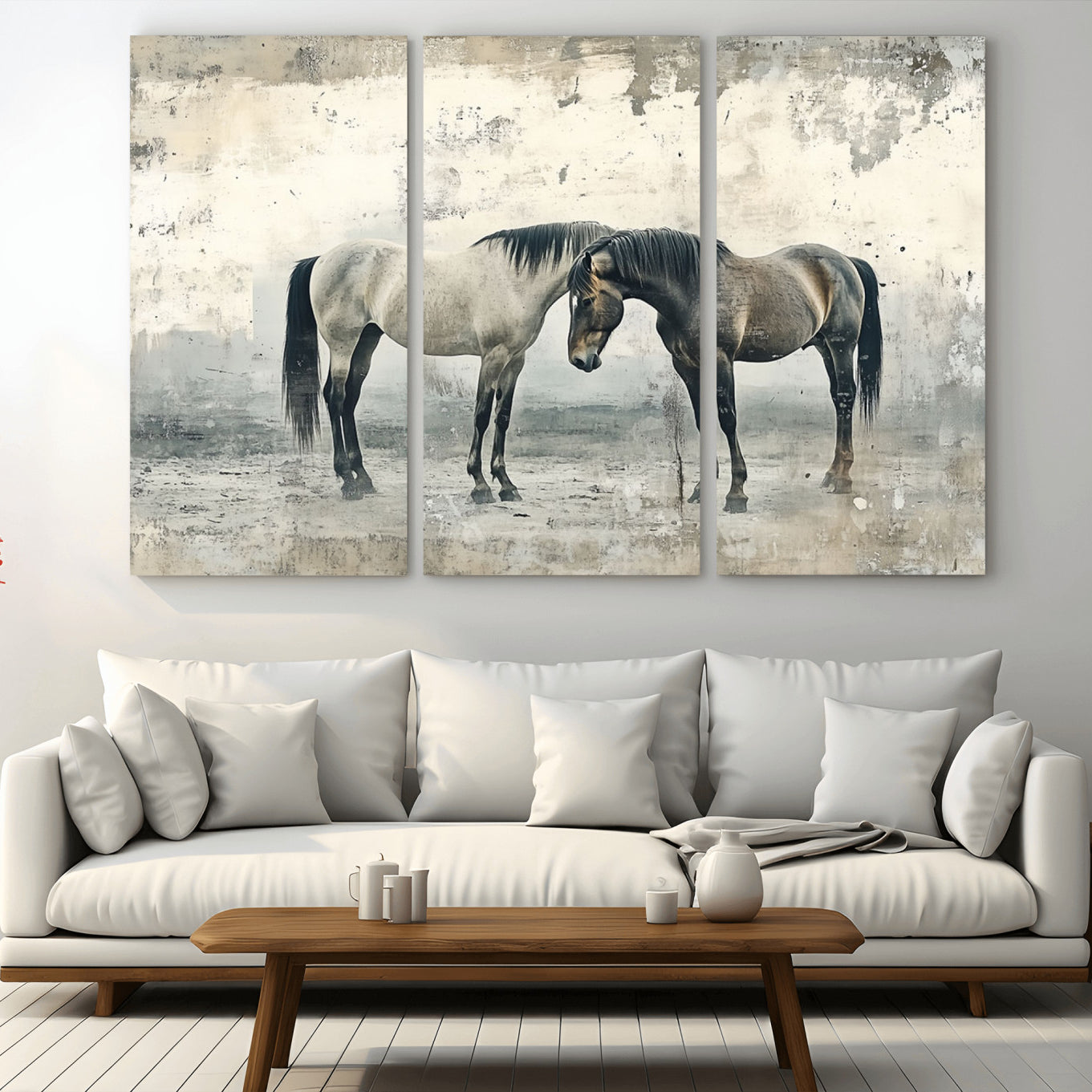 -Chines Style Majestic Horses Wall Art | Ready to Hang and Framed Triptych Print | Western Farmhouse