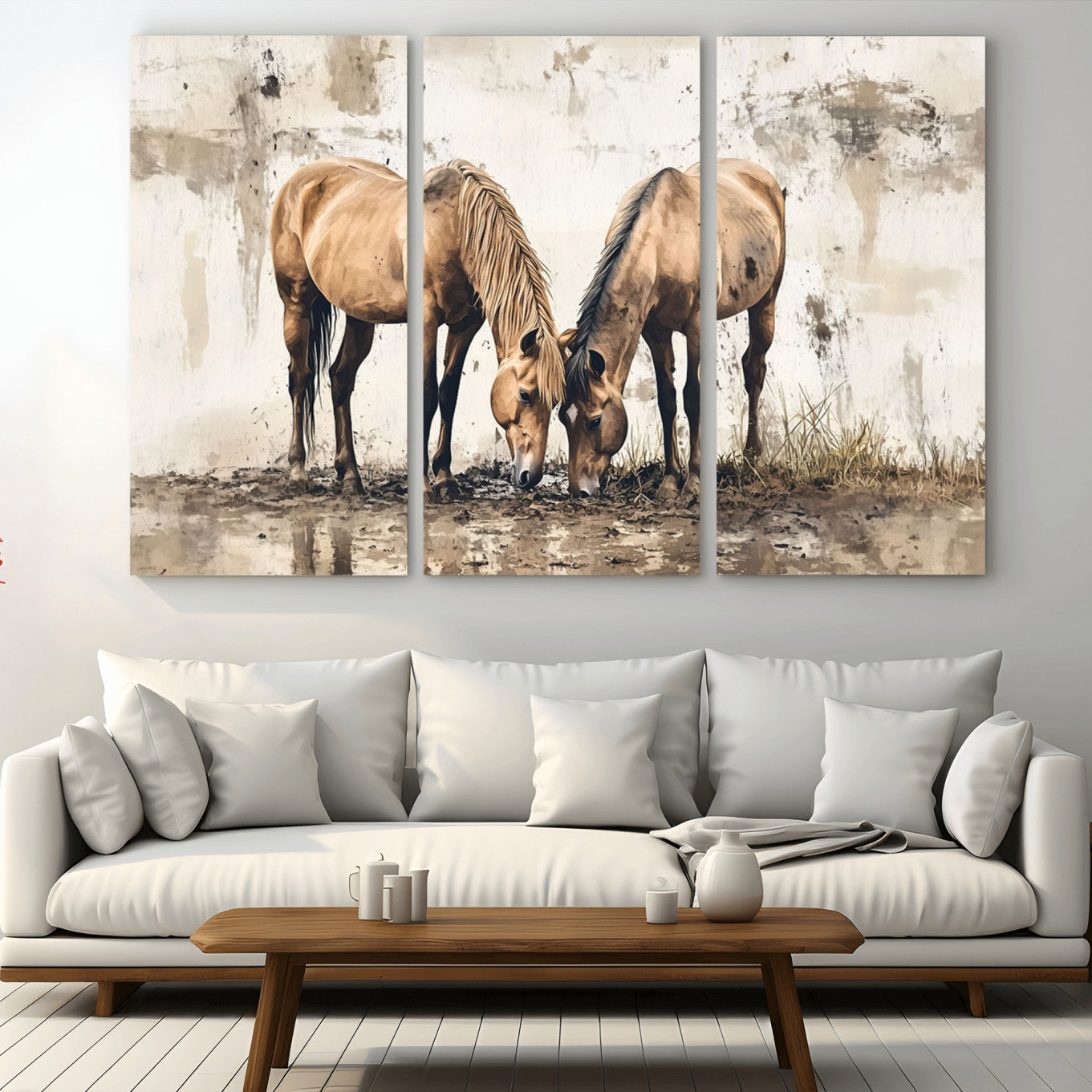 -Vintage Horses Wall Art | Ready to Hang and Framed Triptych | Western Farmhouse Wall Decor for
