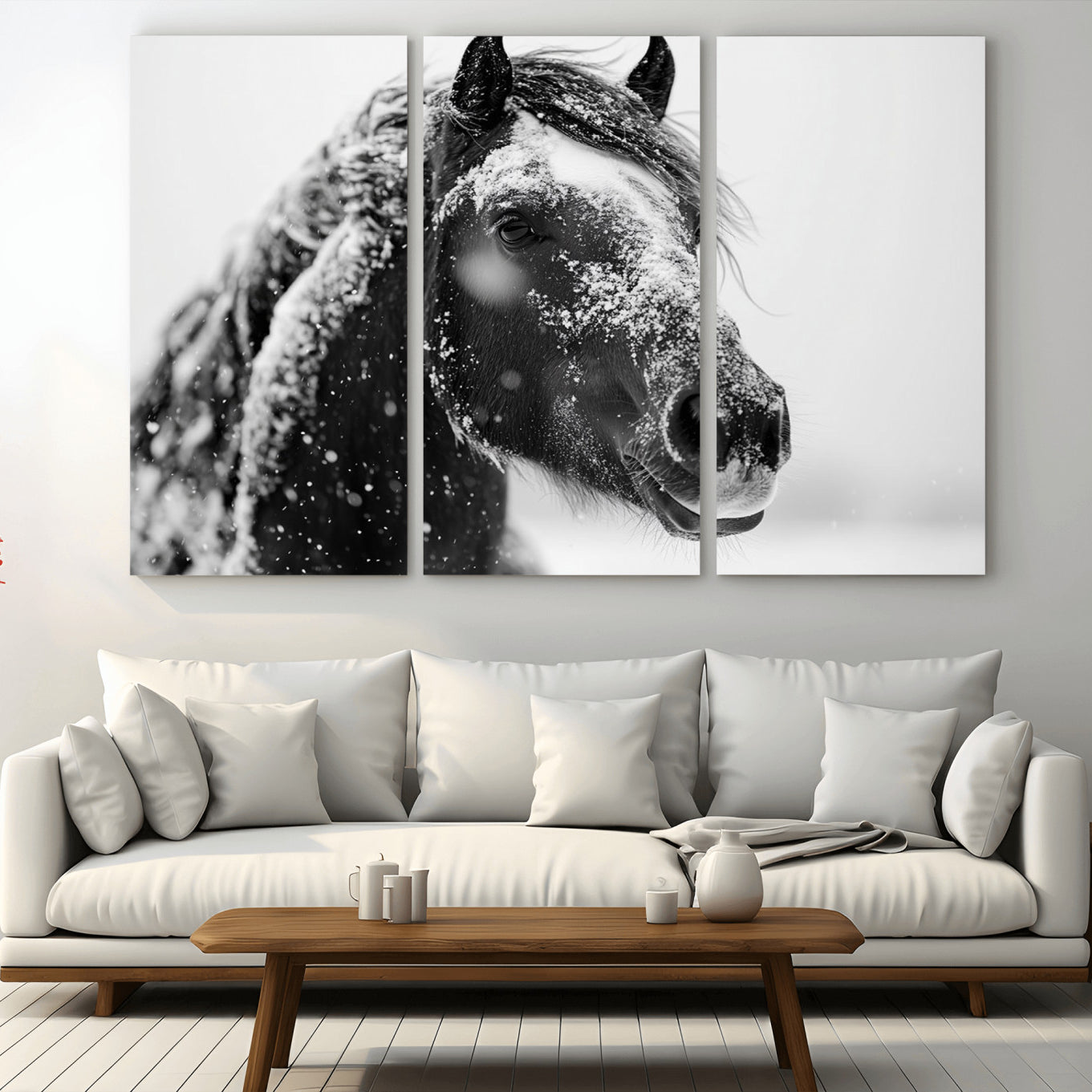 -Winter Horse Canvas Print | Large 3-Panel Black White Equine Photography for Rustic Farmhouse Wall