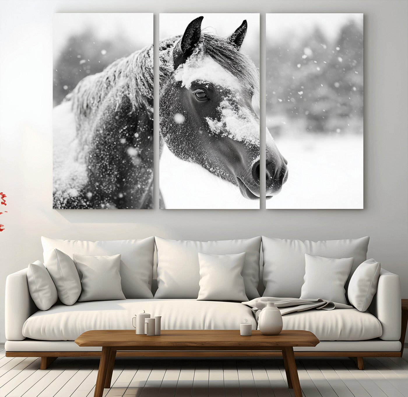 13358-MGV-CV-48X32-3P-Black Horse Winter Wall Art | Ready to Hang and Framed | Farmhouse and Western Wall Decor for Living Room