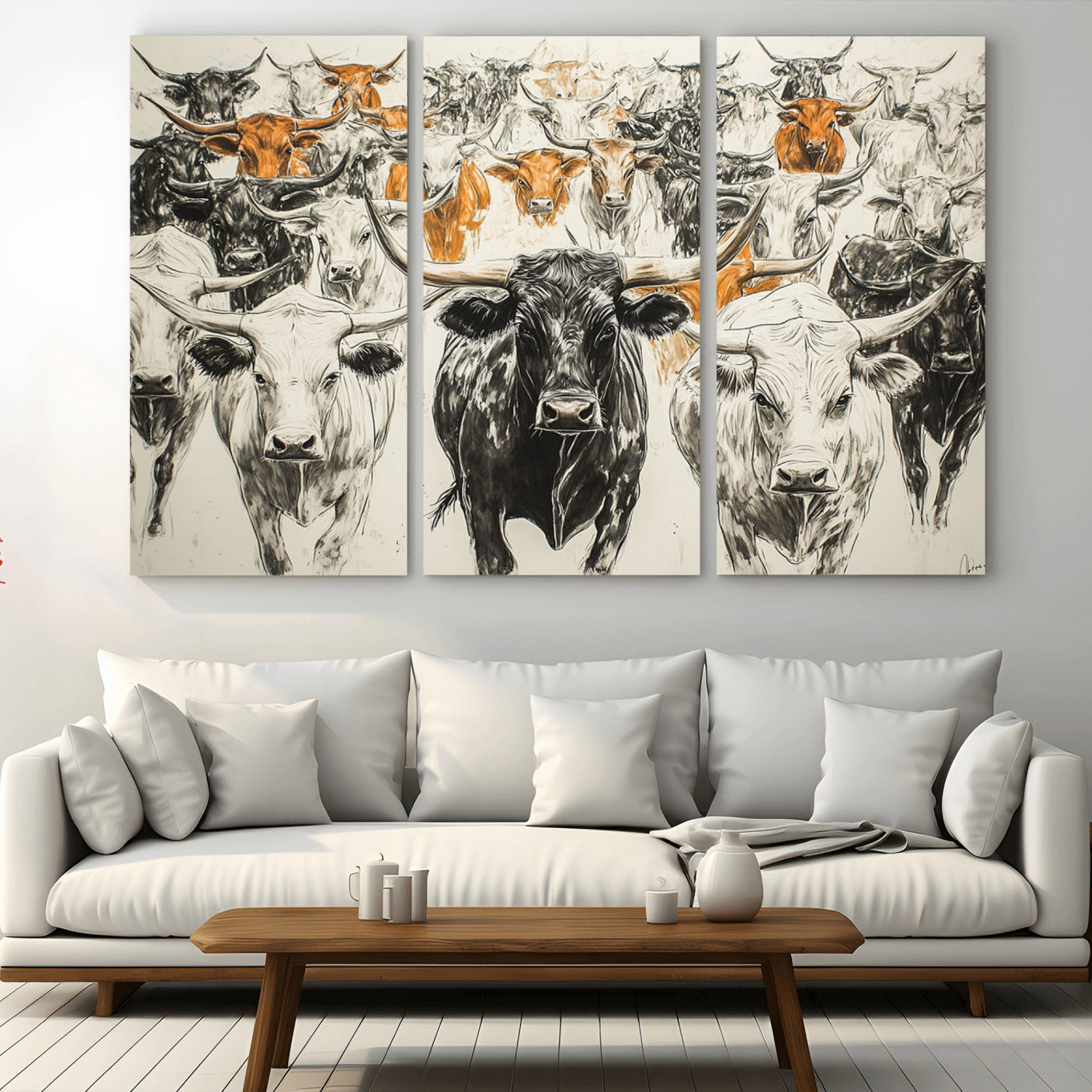 -Texas Longhorn Wall Art - Herd Canvas Wall Art Print - Abstract Cow Drawing Wall Art Print for