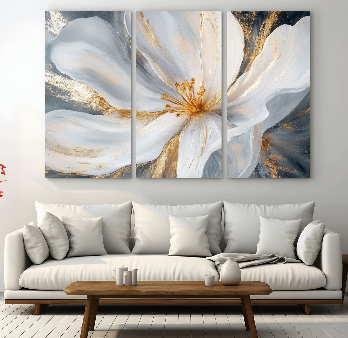 83149-MGV-CV-36X24-White and Gold Floral Canvas Wall Art - Framed and Ready to Hang - Perfect for Modern Living Rooms
