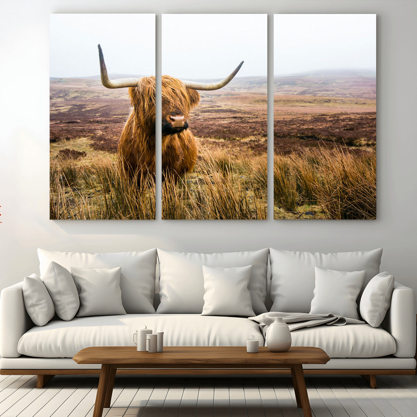 97274-MGV-CV-48X32-3P-Scottish Highland Cow Canvas Wall Art – Rustic Farmhouse Charm with Highland Cattle – Ready to Hang