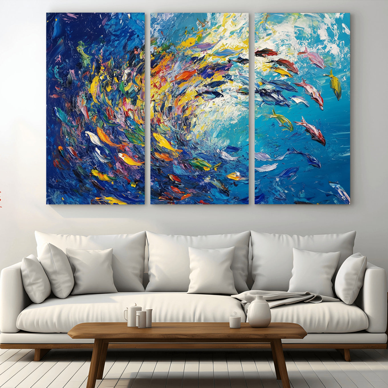 -Colorful Swirling Fish School Wall Art Canvas Print | Oceanic Abstract Painting | Ready to Hang |