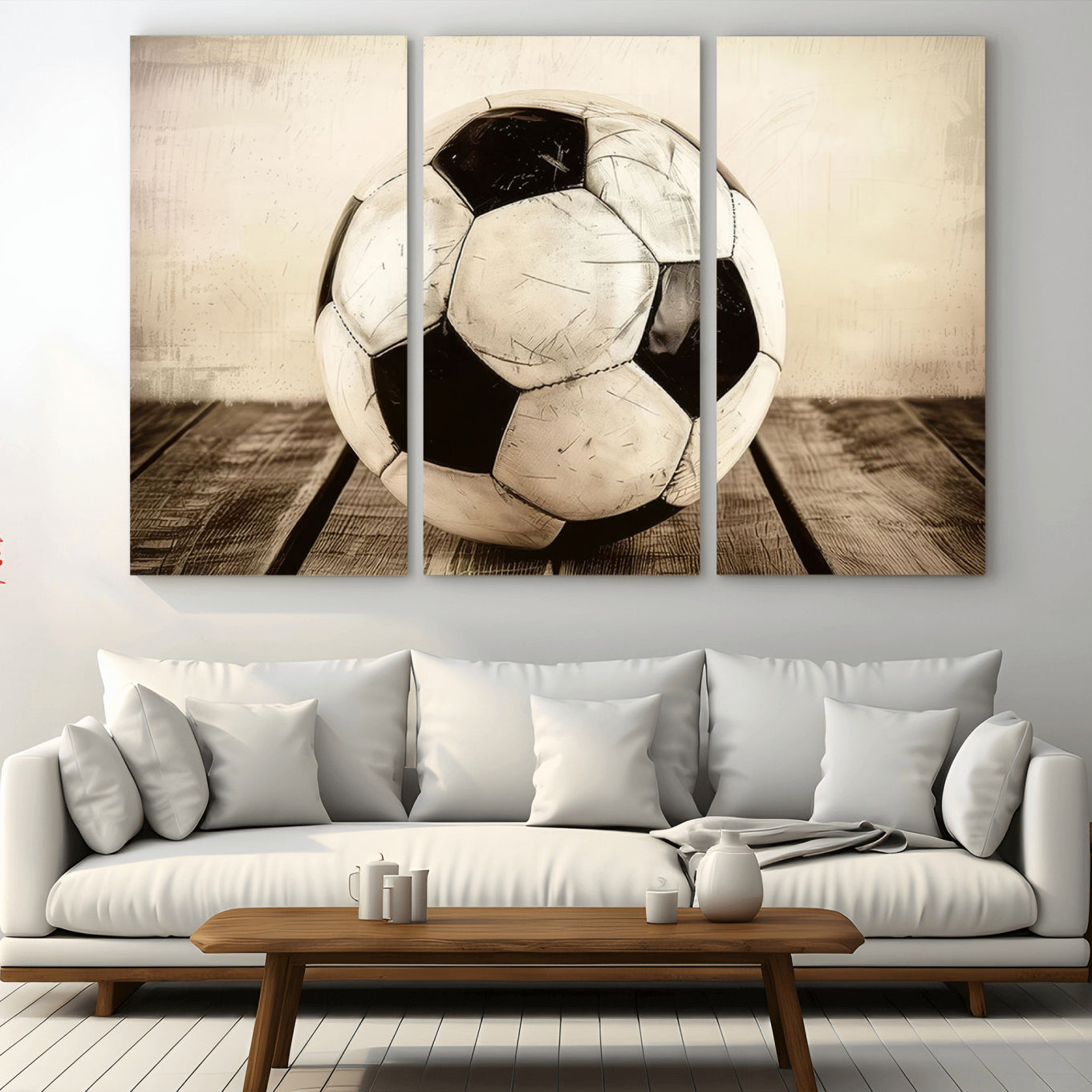 24319-MGV-CV-48X32-3P-Vintage Soccer Ball Wall Decor Canvas Art – 3-Panel Soccer Wall Decor, Framed and Ready to Hang