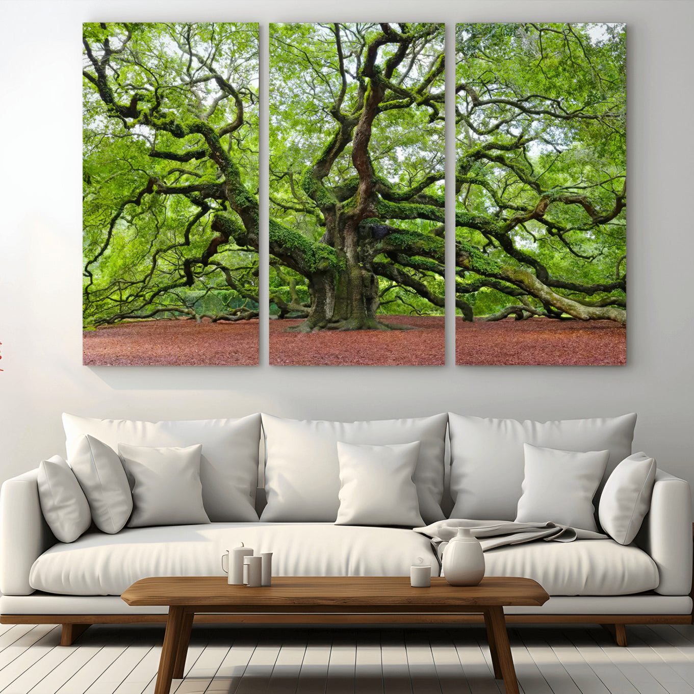 40313-MGV-CV-36X24-Framed Angel Oak Tree Wall Art - 3-Panel Canvas Prints, Large Green Nature Artwork, Ready to Hang