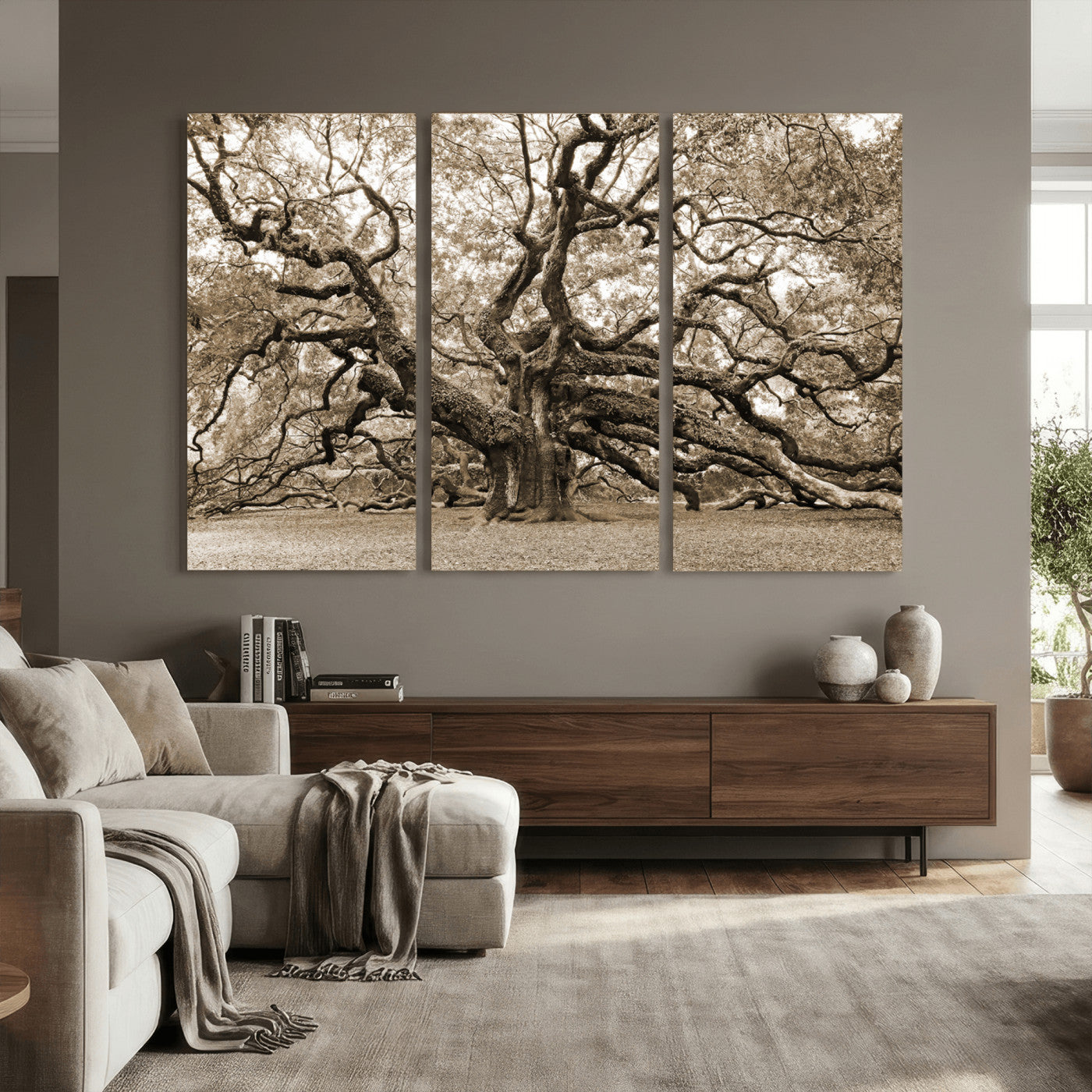 51126-MGV-CV-36X24 - Sepia Framed Angel Oak Tree Wall Art - 3-Panel Canvas Prints, Large Green Nature Artwork, Ready to