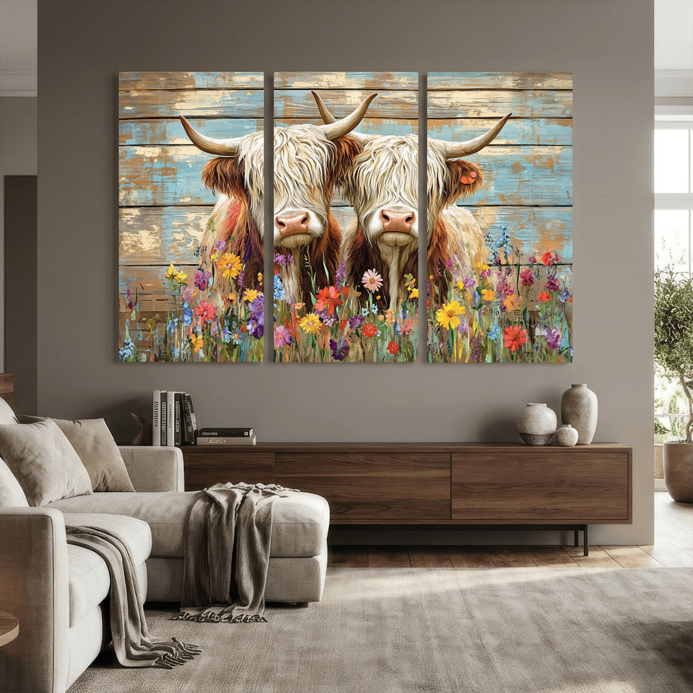 36972-MGV-CV-36X24 - Cute Highland Cow Canvas Wall Art - Rustic Farmhouse Decor with Colorful Flowers Perfect Wall Art