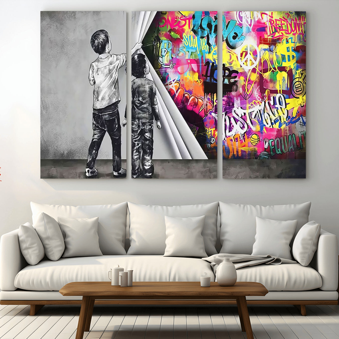 -Banksy Print - Street Art Canvas Wall Art - Kids Revealing Graffiti, Urban Modern Decor for Living