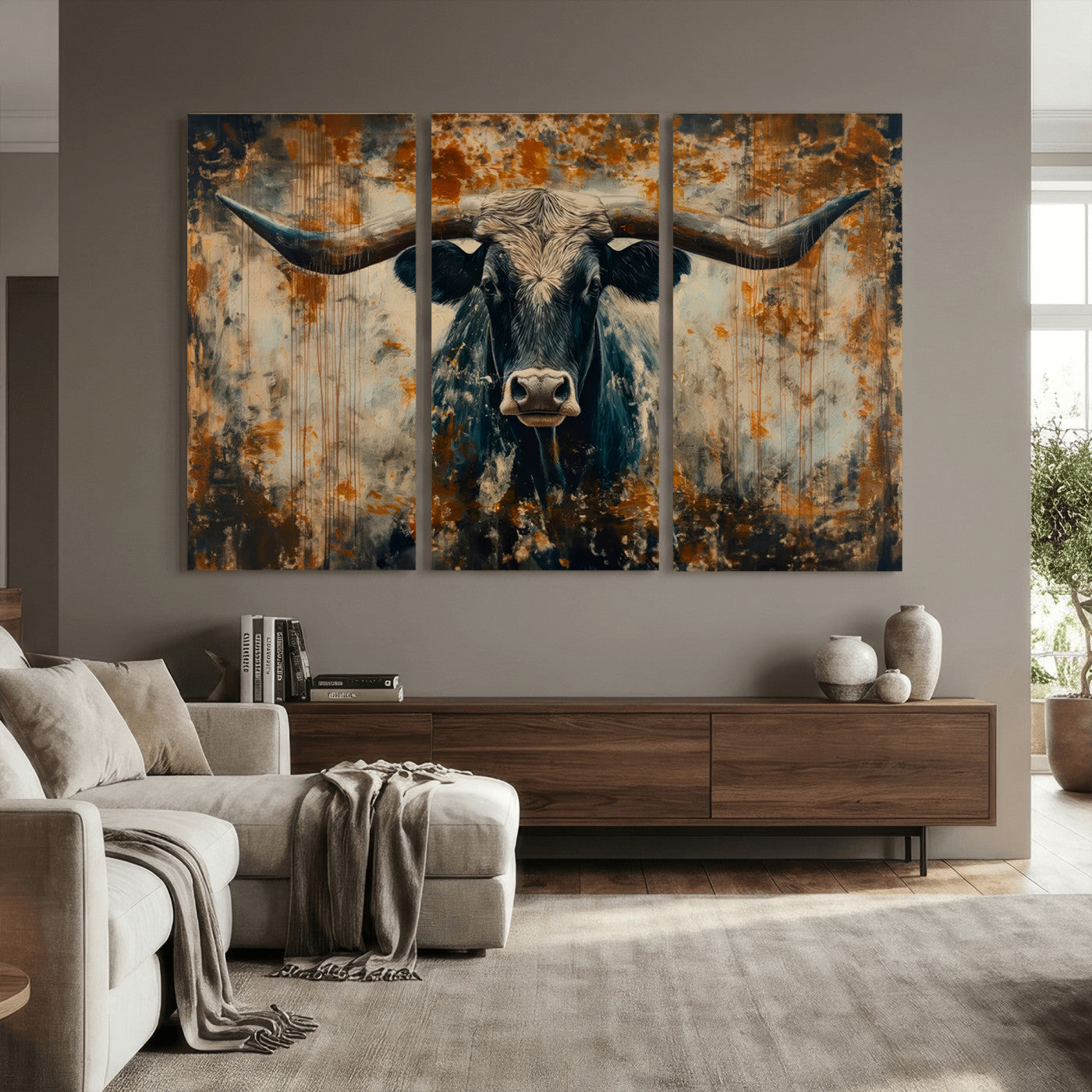 85913-MGV-CV-36X24 - Abstract Longhorn Bull Wall Art | Rustic Western Wall Decor | Framed and Ready to Hang | Ideal for