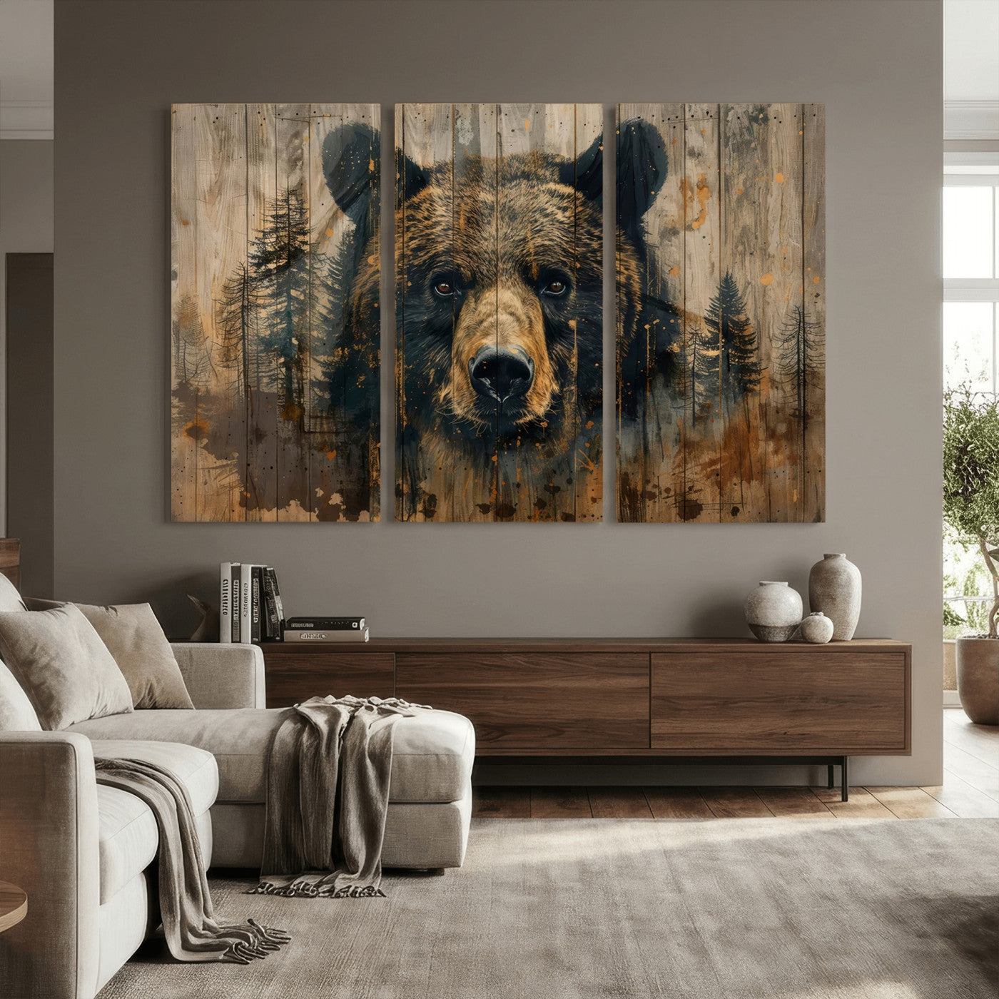 51373-MGV-CV-36X24 - Abstract 399 Bear Wall Art | Rustic Cabin Wall Decor with Forest Design for Farmhouse Wall Decor