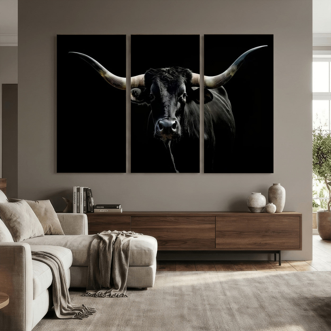 20679-MGV-CV-36X24 - Texas Black Longhorn Bull Wall Art Canvas Print - Western Texas Cattle Rustic Decor Print - Longhorn