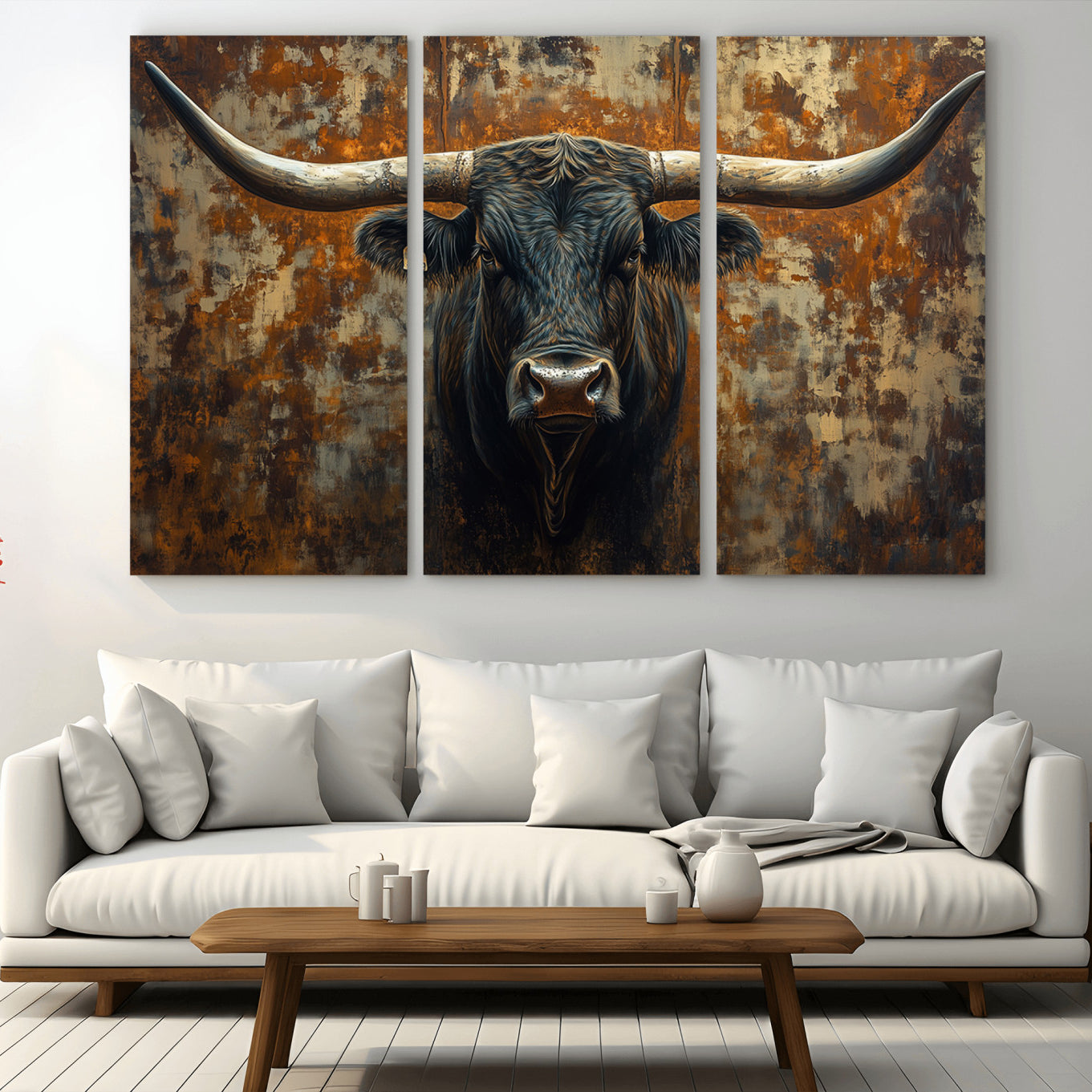 68068-MGV-CV-36X24-Longhorn Texas Cow Bull Wall Art | Rustic Farmhouse Canvas Print | Ready to Hang Barn Decor for