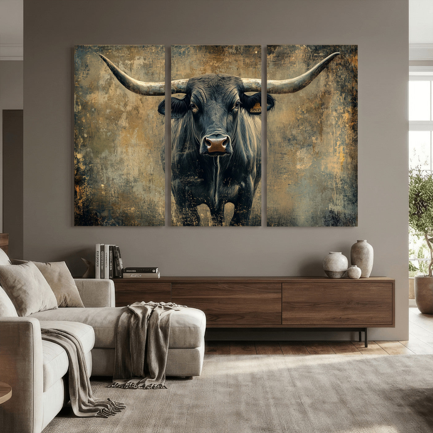 57385-MGV-CV-36X24 - Longhorn Bull Wall Art Canvas Print, Framed Rustic Cow Art Picture Print, Texas Longhorn Perfect Western Decor Artwork