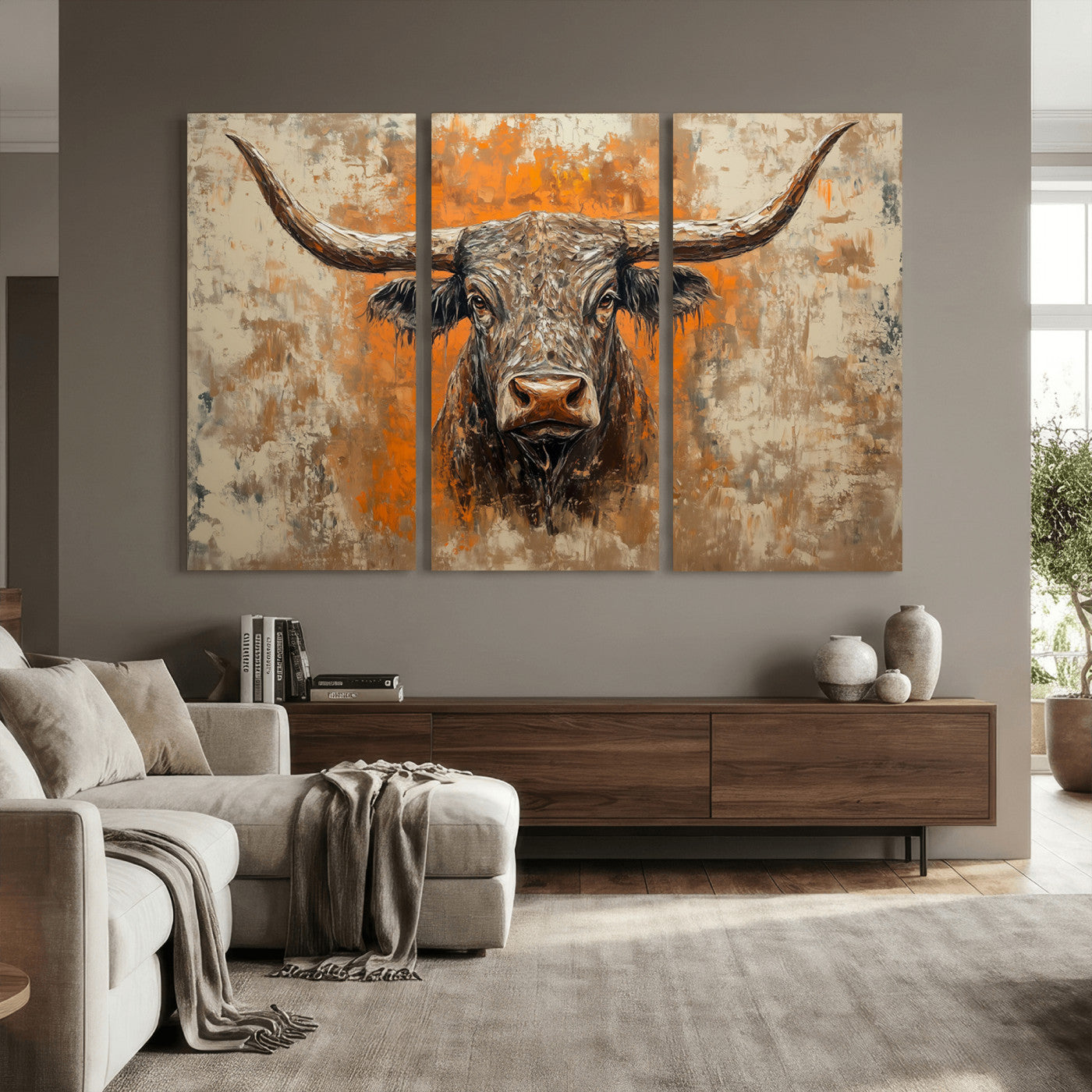 49976-MGV-CV-36X24 - Abstract Cow Longhorn Bull Wall Art Canvas Print - Rustic Texas Western Cattle Artwork