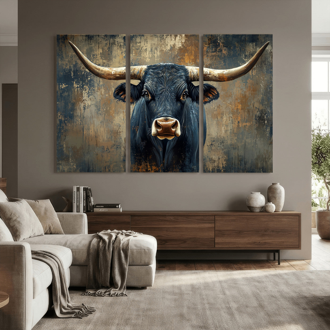 42026-MGV-CV-36X24 - Texas Western Wall Art Canvas Print - Abstract Cow Longhorn Bull Wall Art Canvas Print - Rustic Cow