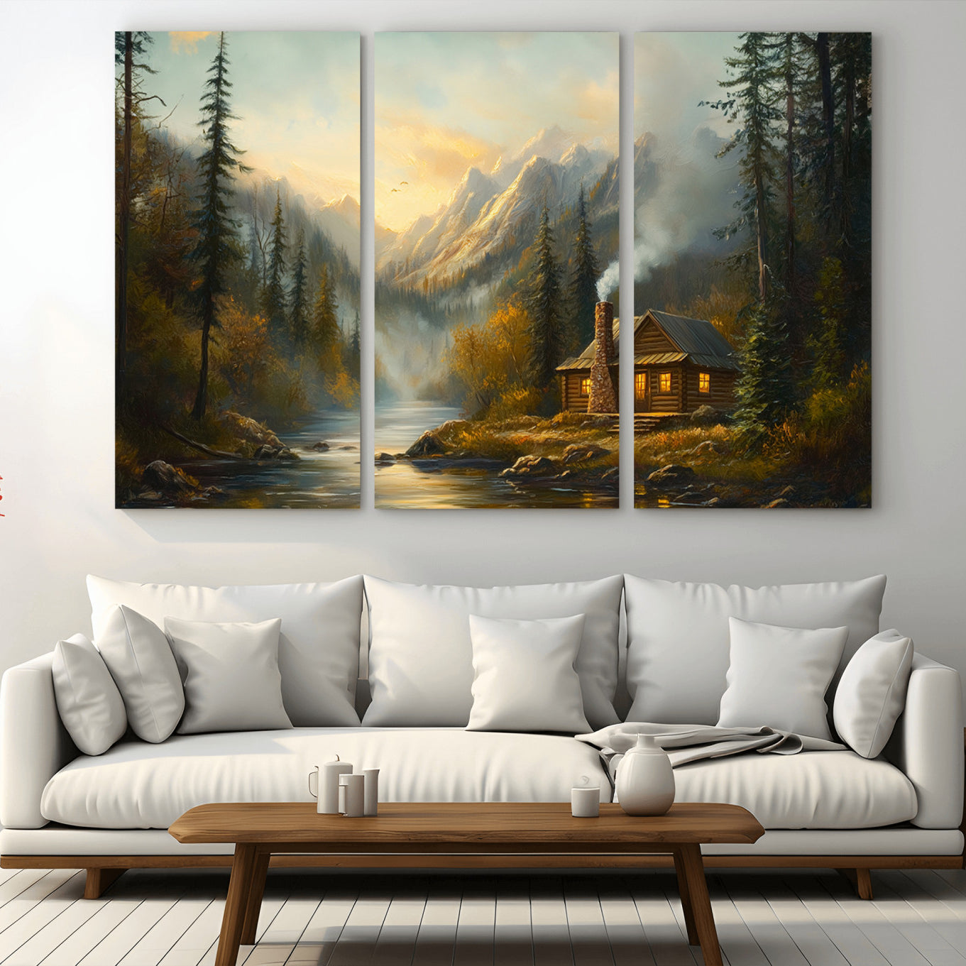 76464-MGV-CV-36X24-Wood Cabin Retreat Mountain at Sunset Wall Art Print - Serene Forest and River Landscape Wall Art