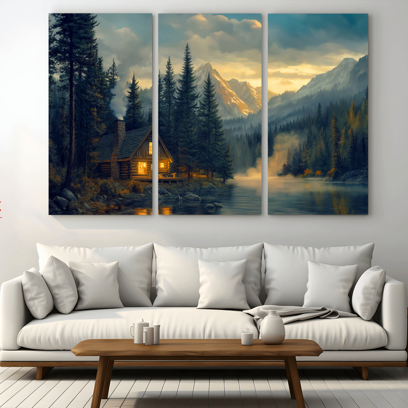 94027-MGV-CV-36X24-Mountain Cabin by the Lake at Sunset Wall Art - Serene Nature Canvas Print for Living Room Decor,