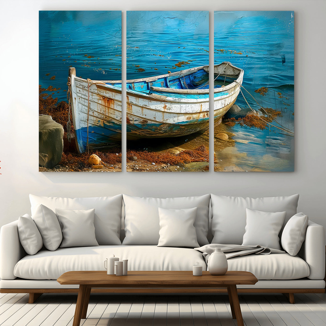 54716-MGV-CV-36X24-Vintage Boat on Tranquil Waters | Coastal Wall Art for Nautical Decor | Rustic Triptych Canvas Print
