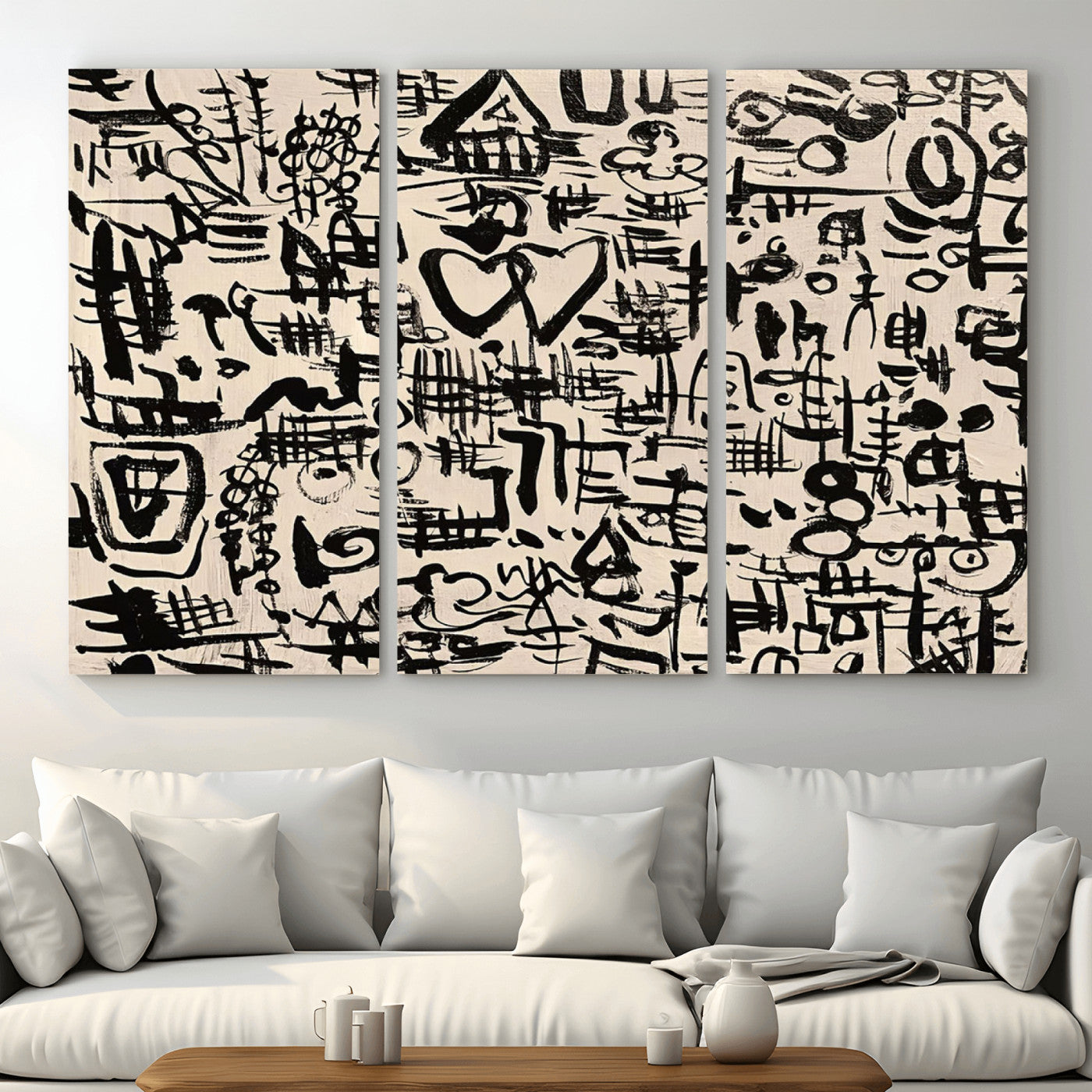 68273-MGV-CV-48X32-3P - Abstract Love and Chaos Canvas Print, Black Symbols on Beige