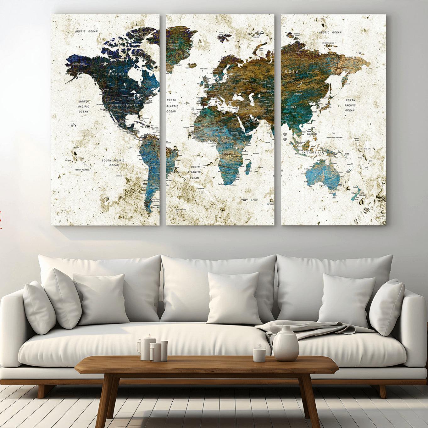 89176-MGV-CV-36X24-Vintage Blue and Brown World Map Canvas Wall Art – Framed Rustic Map Print, Earth Tone Travel Decor for Stylish Home and Office Walls