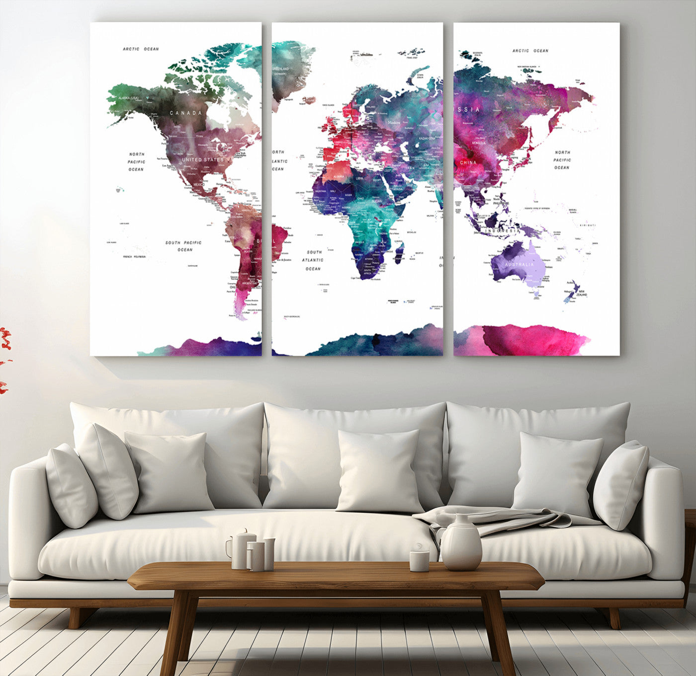 78176-MGV-CV-36X24-Colorful Watercolor World Map Canvas Wall Art – Framed Modern Map Print, Vibrant Travel Inspired Artwork for Home and Office Decor