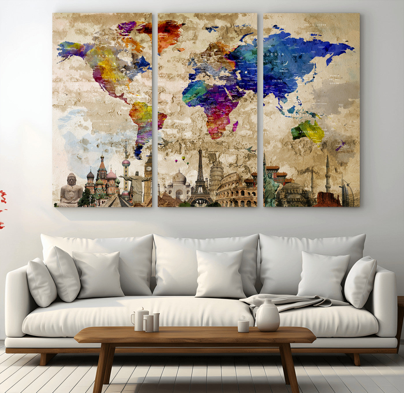 -Push Pin World Map Canvas Print – Framed Travel Tracker Wall Art for Couples, Anniversary Gift and Modern Home Decor