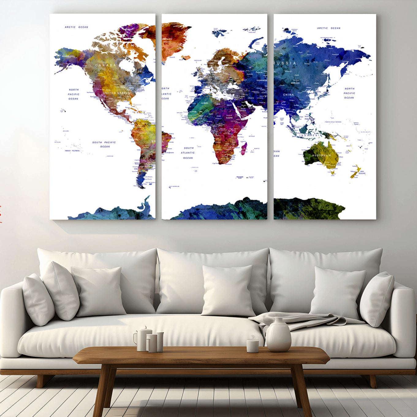 90446-MGV-CV-36X24-Colorful Watercolor World Map Canvas Wall Art – Framed Modern Push Pin Travel Map for Home and Office Decor
