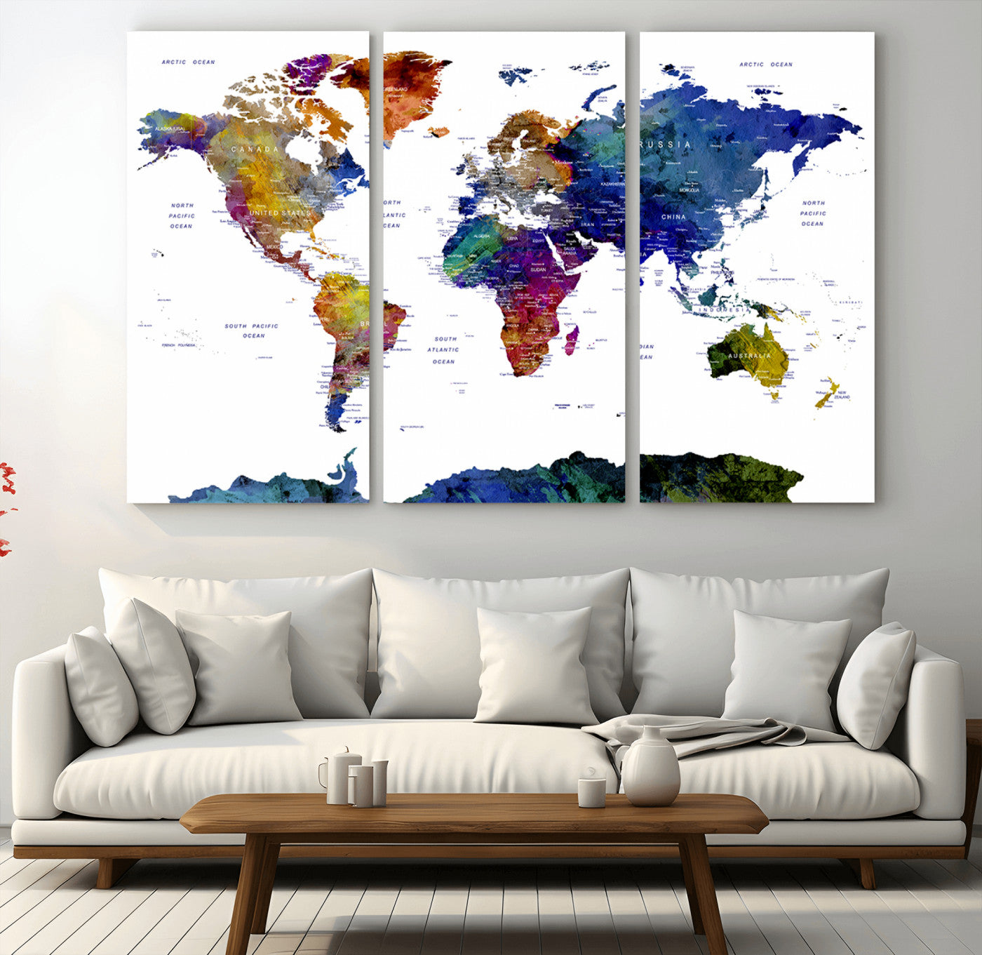 90446-MGV-CV-36X24-Colorful Watercolor World Map Canvas Wall Art – Framed Modern Push Pin Travel Map for Home and Office Decor