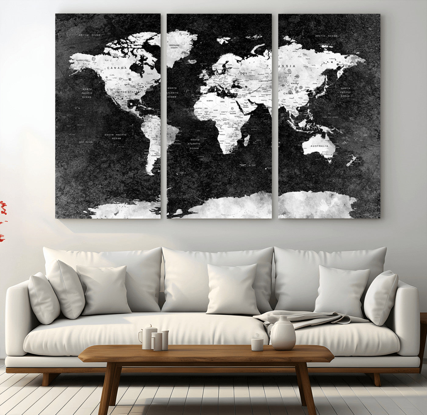 90682-MGV-CV-36X24-Black and White World Map Canvas Print – Framed Push Pin Wall Art for Couples, Modern Minimalist Travel Map for Elegant Home and Office Decor