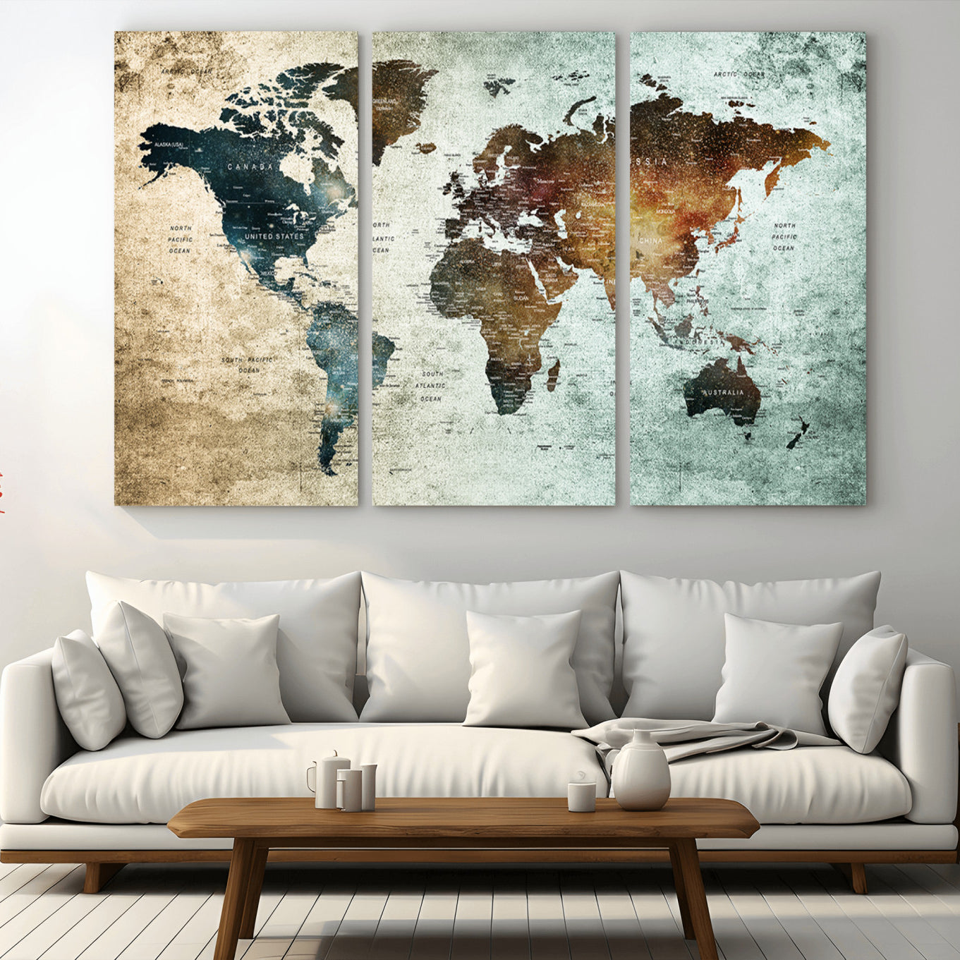 -World Map Canvas Print – Framed Vintage Style Push Pin Wall Art, Elegant Travel Map Decor for Home or Office