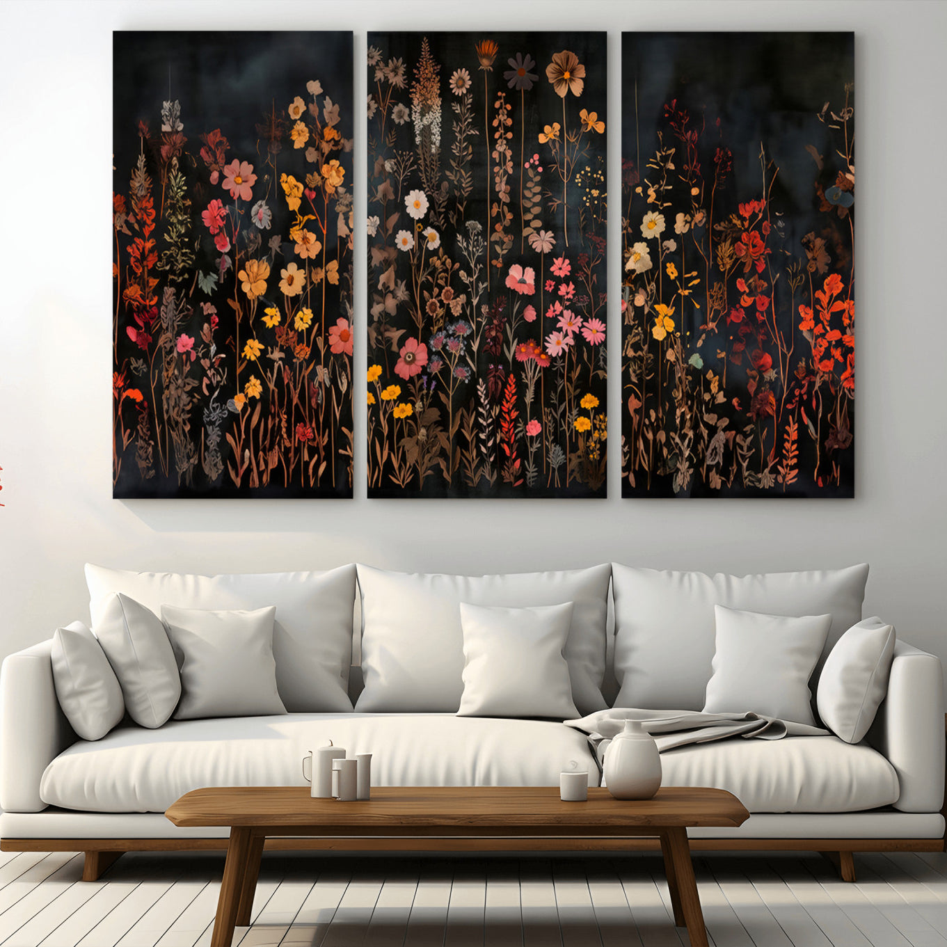 AbstFLF-MGV-CV-48X32-3P-Large Floral Painting Print Illustration Flowers Canvas Wall Art Botanical Wall Decor Modern