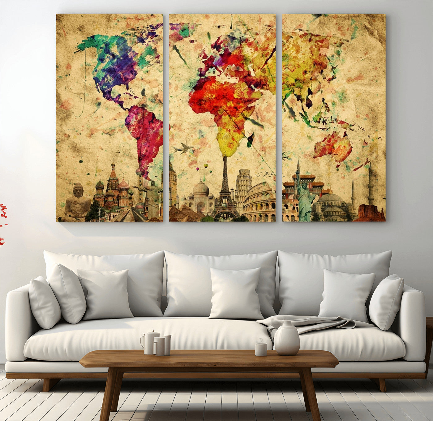 24467-MGV-CV-36X24-Colorful Watercolor World Map Canvas Wall Art – Framed Landmark Travel Map Print, Vibrant Global Artwork for Home and Office Decor