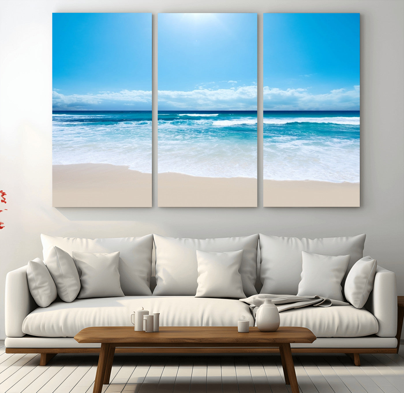 45929-MGV-CV-48X32-3P-Wall Art Canvas Print Shiny Blue Sea and Beach