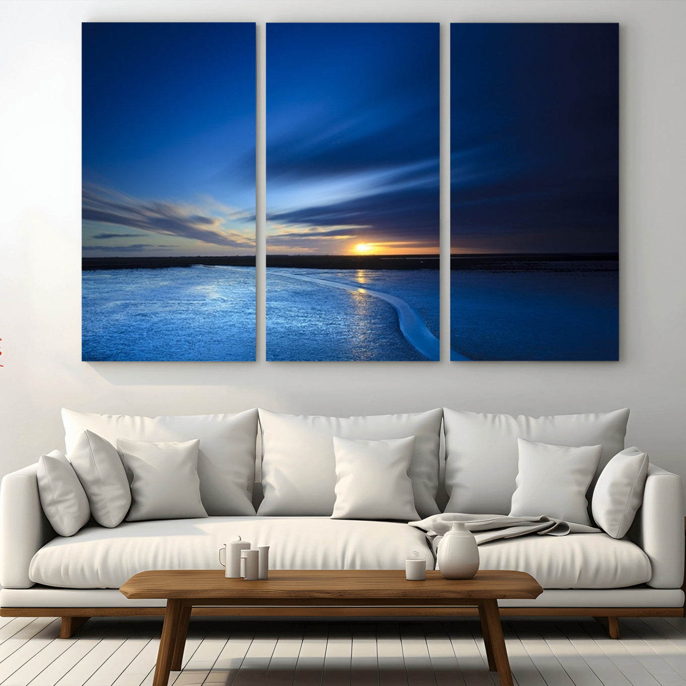 -Blue Sunset Ocean Canvas Wall Art Print – Serene Coastal Horizon Wall Decor for Home or Office –