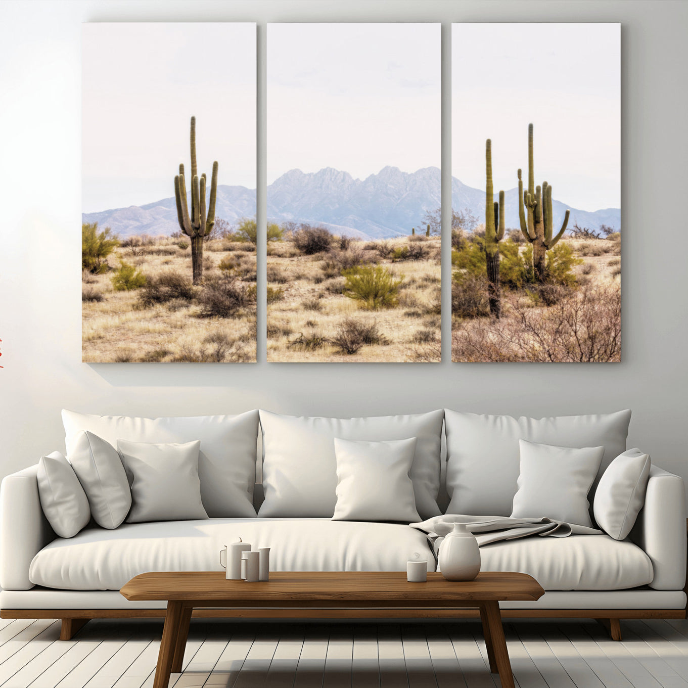 -Desert Cactus Canvas Wall Art – Serene Southwestern Arizona Landscape with Majestic Mountains -