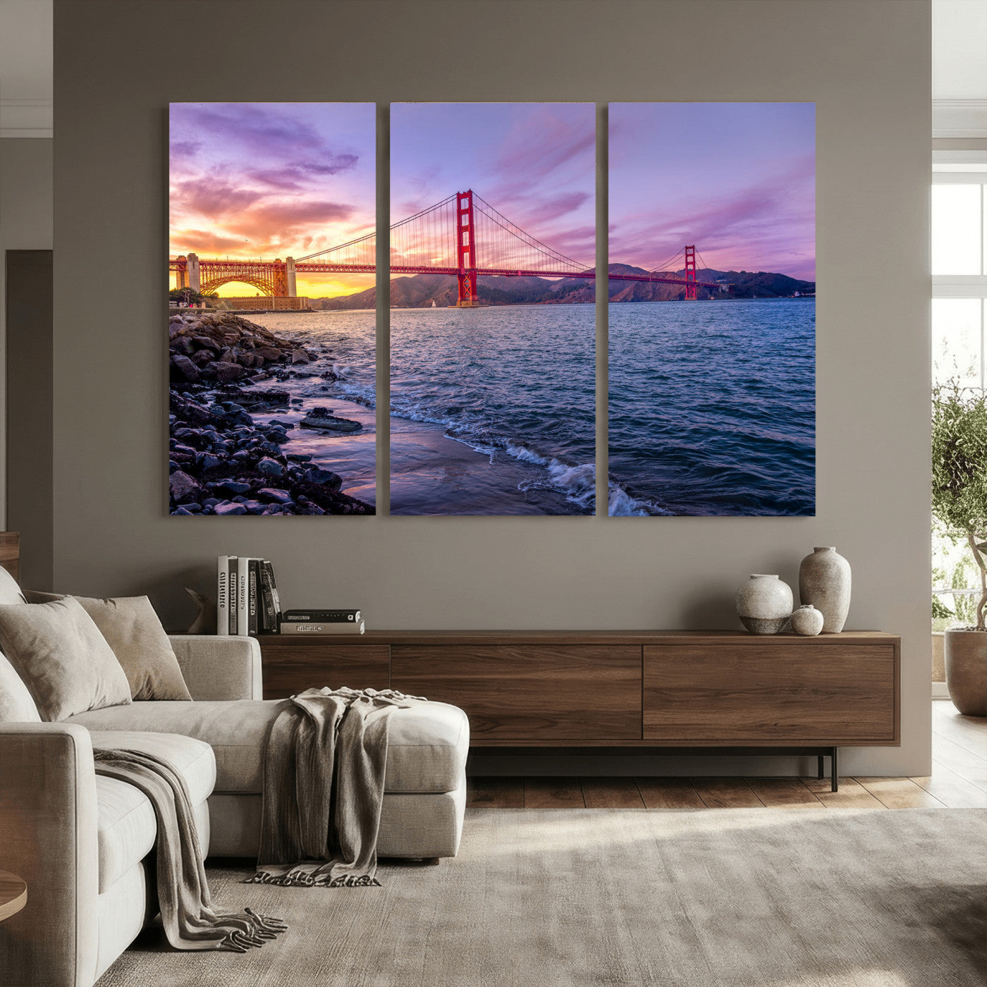 24256-MGV-CV-36X24 - Golden Gate Bridge Wall Art Print, San Francisco Sunset Canvas Wall Art, Cityscape Canvas Print for