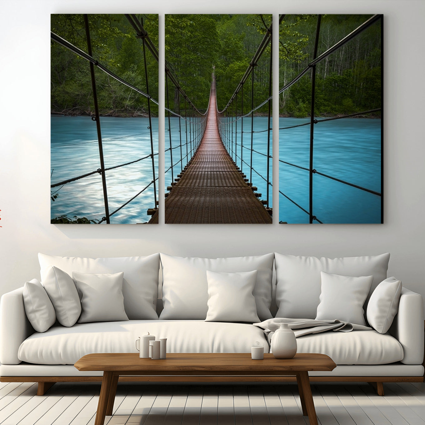 -Suspension Bridge Over River Canvas Art | 3-Panel Nature Photography | Scenic Wall Art for Living