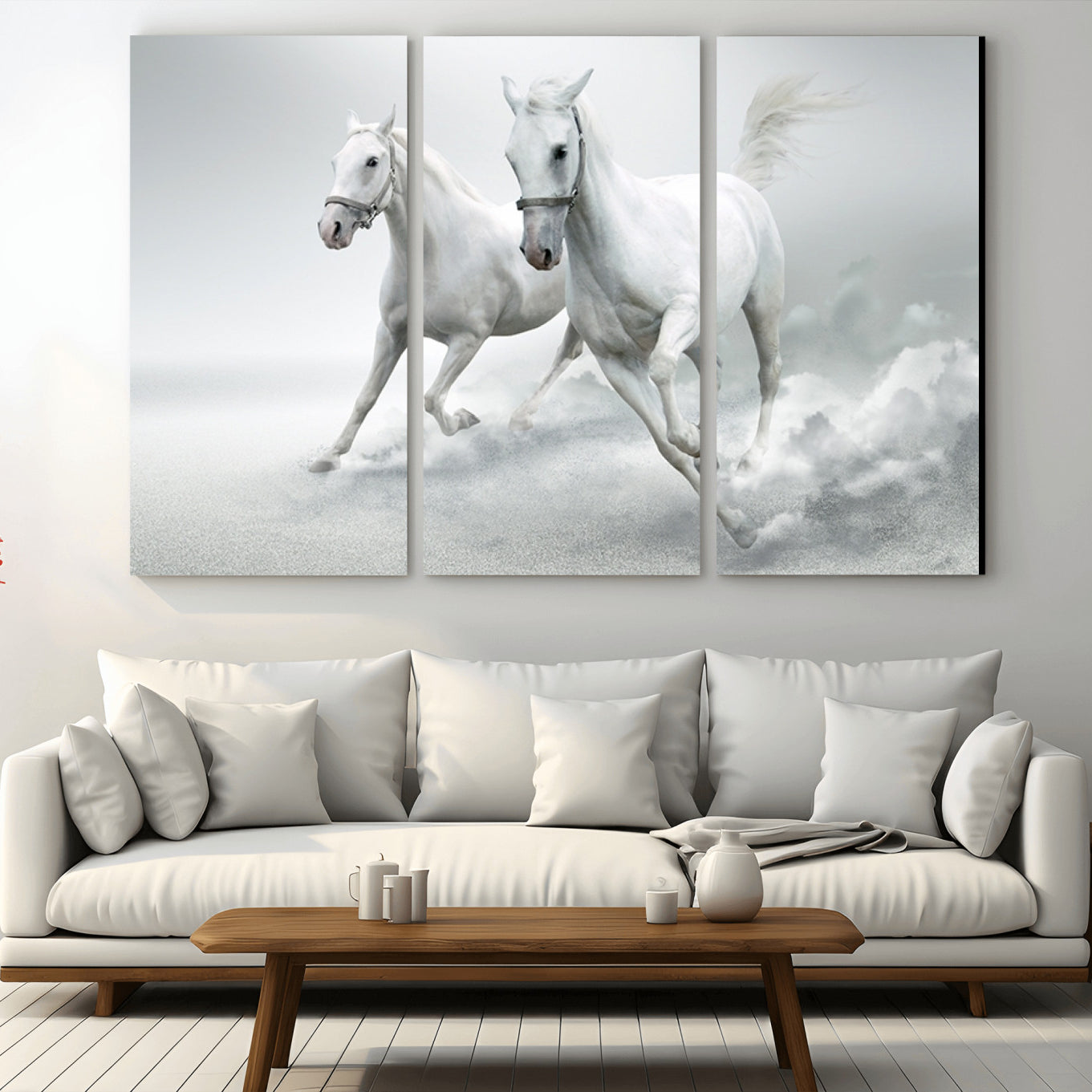 -Large Wall Art Canvas Print – Beautiful Running White Horses Animal Artwork for Home, Office, Living Room