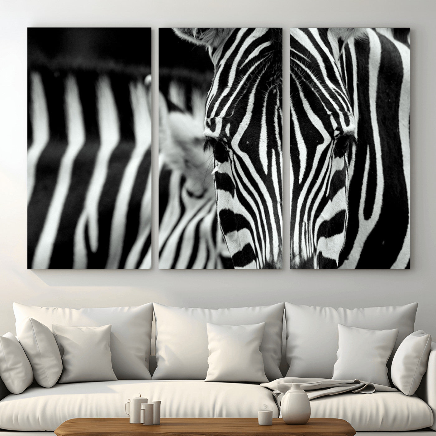 MGV-CV-48X32-3P - Zebra Wall Art – Close Up Black and White Animal Print, Bold Safari Decor for Living Room, Office, or Bedroom