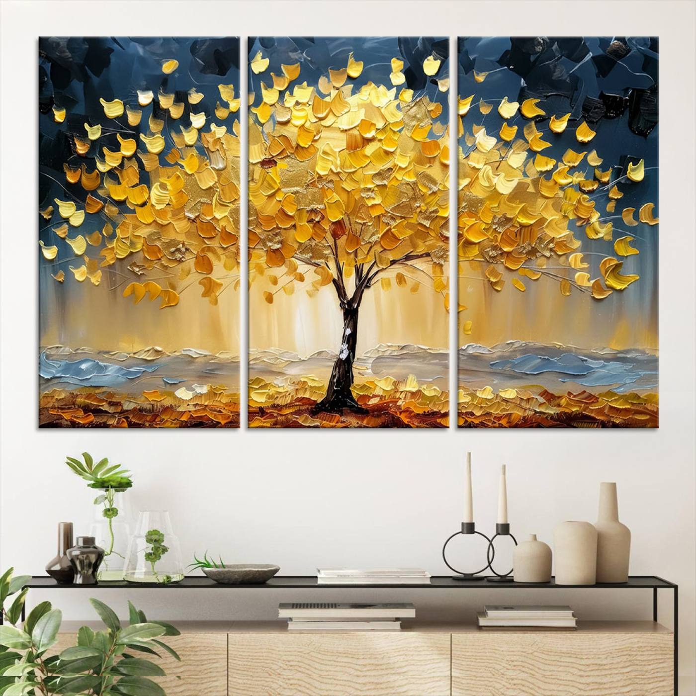 A stunning impasto painting captures the golden hues of autumn with a vibrant tree glowing against a dramatic blue and brown backdrop.