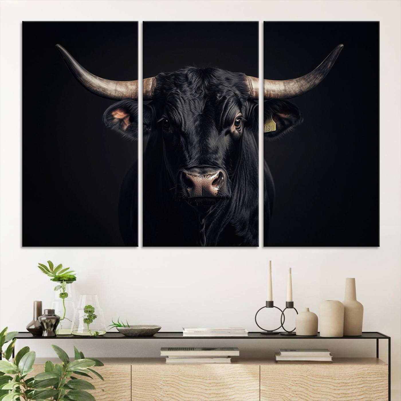 Canvas featuring a black horned bull in moody lighting on a dark background, perfect for western or rustic farmhouse-style home decor.