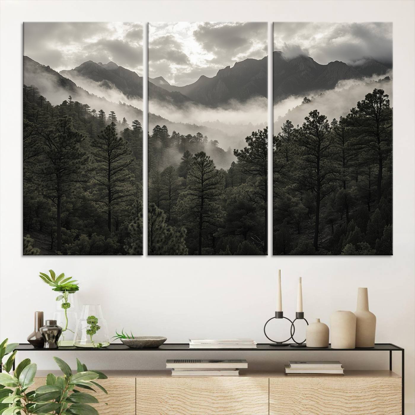 Canvas of moody pine forest and foggy mountain peaks under overcast skies, ideal for calm and rustic woodland-themed home decor.