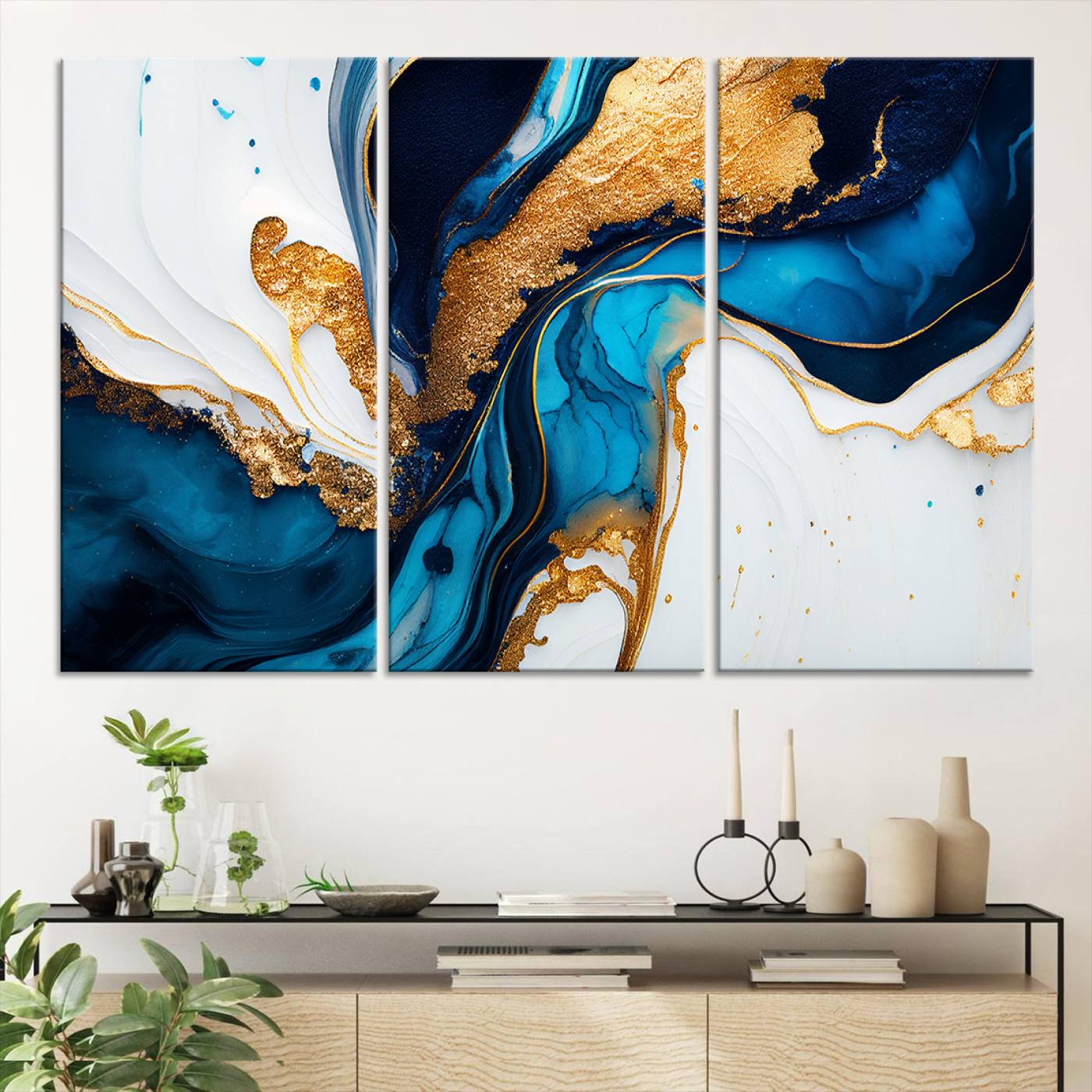 14107569-MGV-CV-48X32-3P-Gold Blue Abstract Wall Art Canvas Print, Elegant Navy and Gold Marble Flow Design Artwork for Home, Office